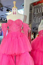 Hot Pink Off-Shoulder A-line Tulle Layers Applique Hi-Low Prom Dress