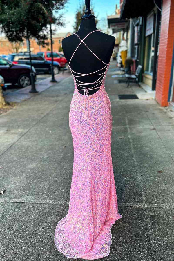 V-Neck Lace-Up Iridescent Pink Sequins Long Party Dress