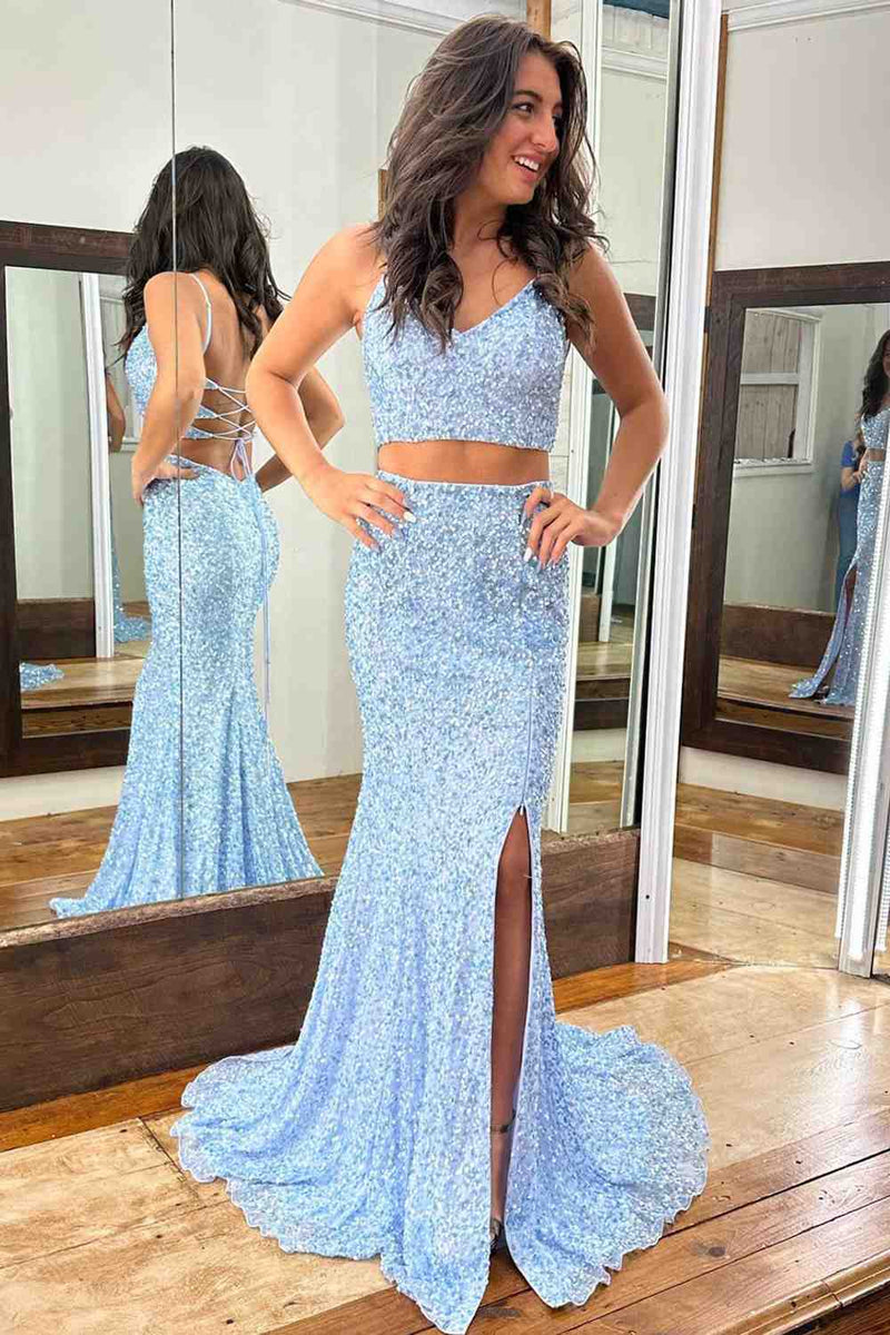 Light Blue V Neck Lace-Up Back Mermaid Sequins Slit Long Prom Dress