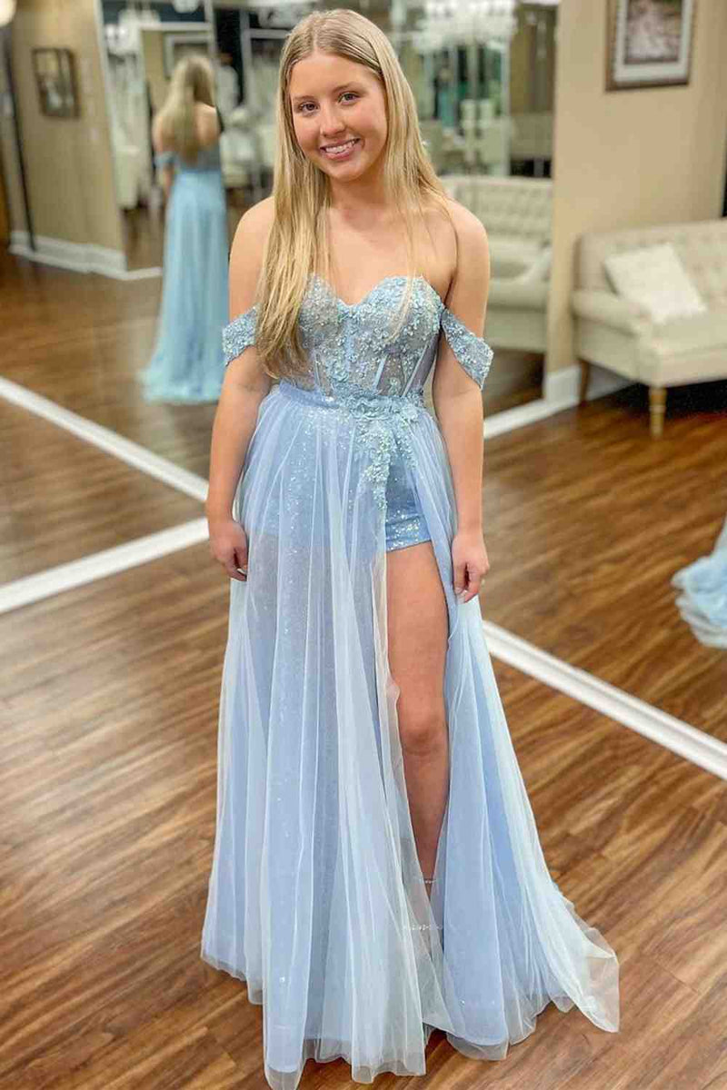 Off-Shoulder Light Blue A-line Tulle Applique Long Prom Dress