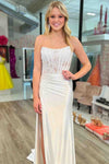 Strapless Ivory Sheer Lace Top Mermiad Long Prom Dress with Slit