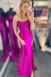 Strapless Ivory Slit Mermaid Prom Dress with Sheer Lace Top
