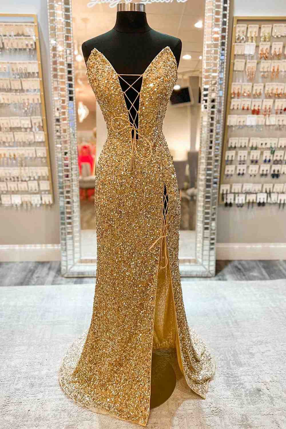 Gold V Neck Mermiad Sequins Lace-Up Front Slit Long Prom Dress –  FancyVestido