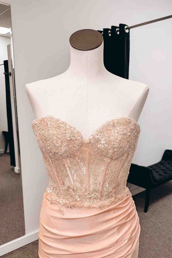Peach Strapless Mermiad Satin Applique Slit Long Prom Dress