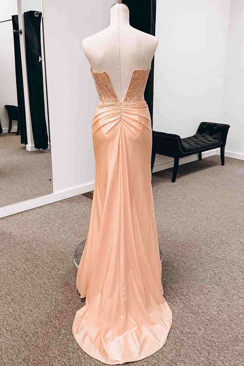 Peach Strapless Mermiad Satin Applique Slit Long Prom Dress