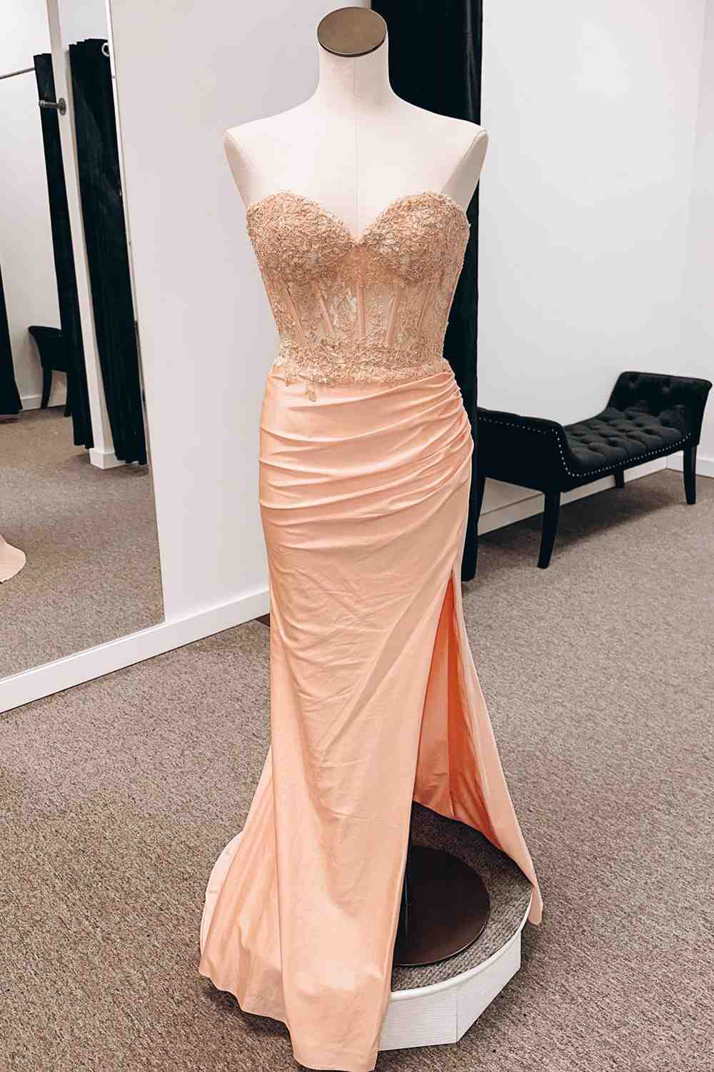 Peach Strapless Mermiad Satin Applique Slit Long Prom Dress – FancyVestido