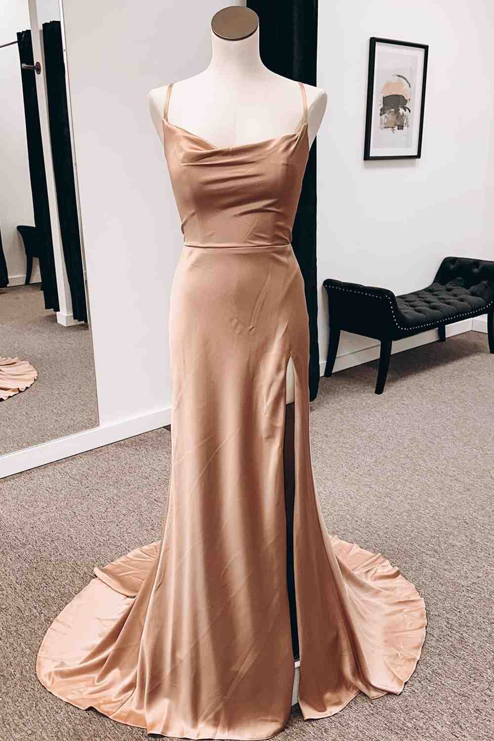 Champagne Cowl Neck Mermiad Satin Lace-Up Back Slit Long Prom Dress FancyVestido Champagne Cowl Neck Mermiad Satin Lace-Up Back Slit Long Prom Dress FancyVestido