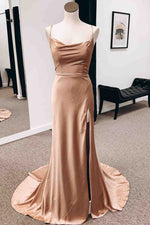 Champagne Cowl Neck Mermiad Satin Lace-Up Back Slit Long Prom Dress