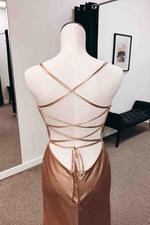 Champagne Cowl Neck Mermiad Satin Lace-Up Back Slit Long Prom Dress