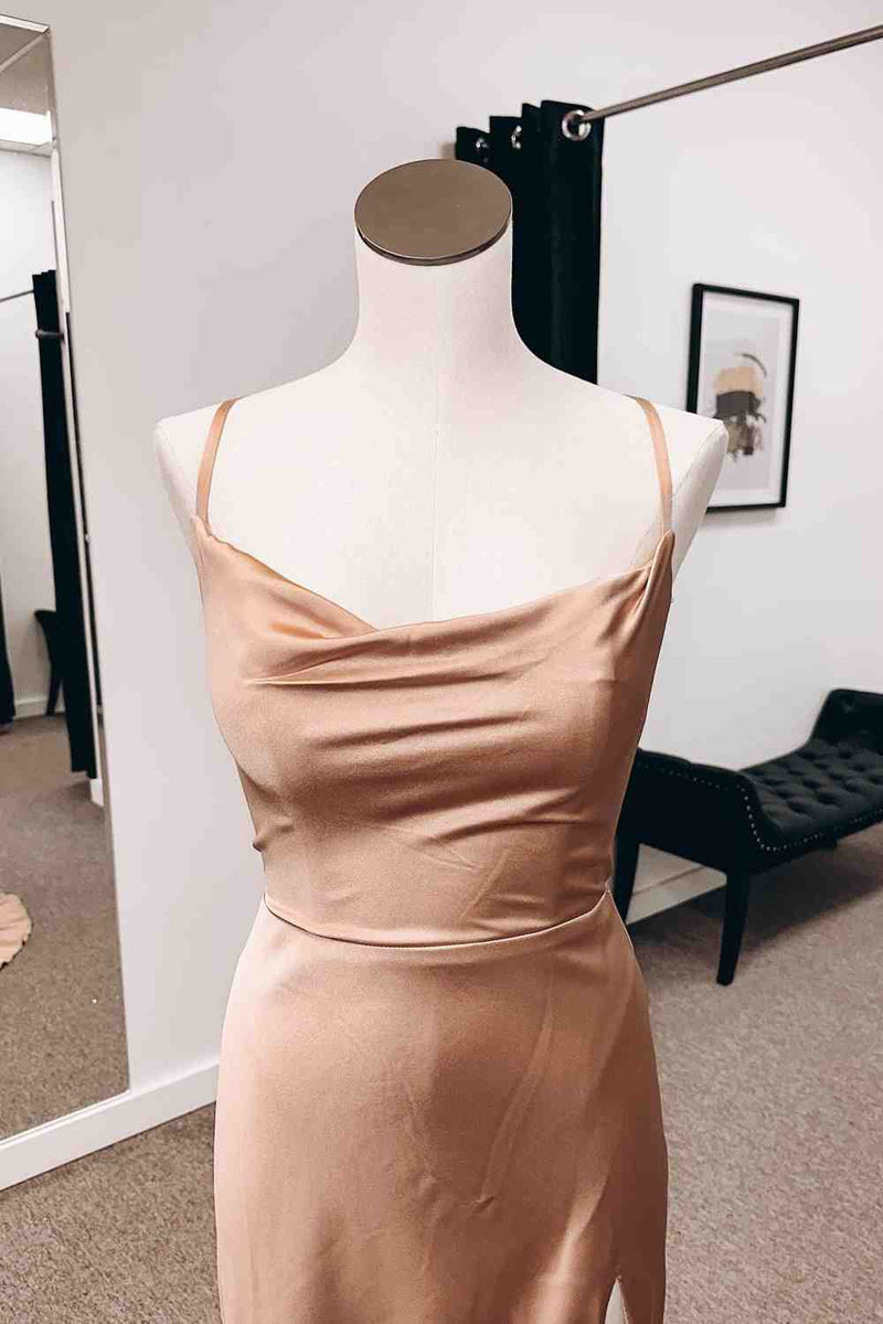 Champagne Cowl Neck Mermiad Satin Lace-Up Back Slit Long Prom Dress