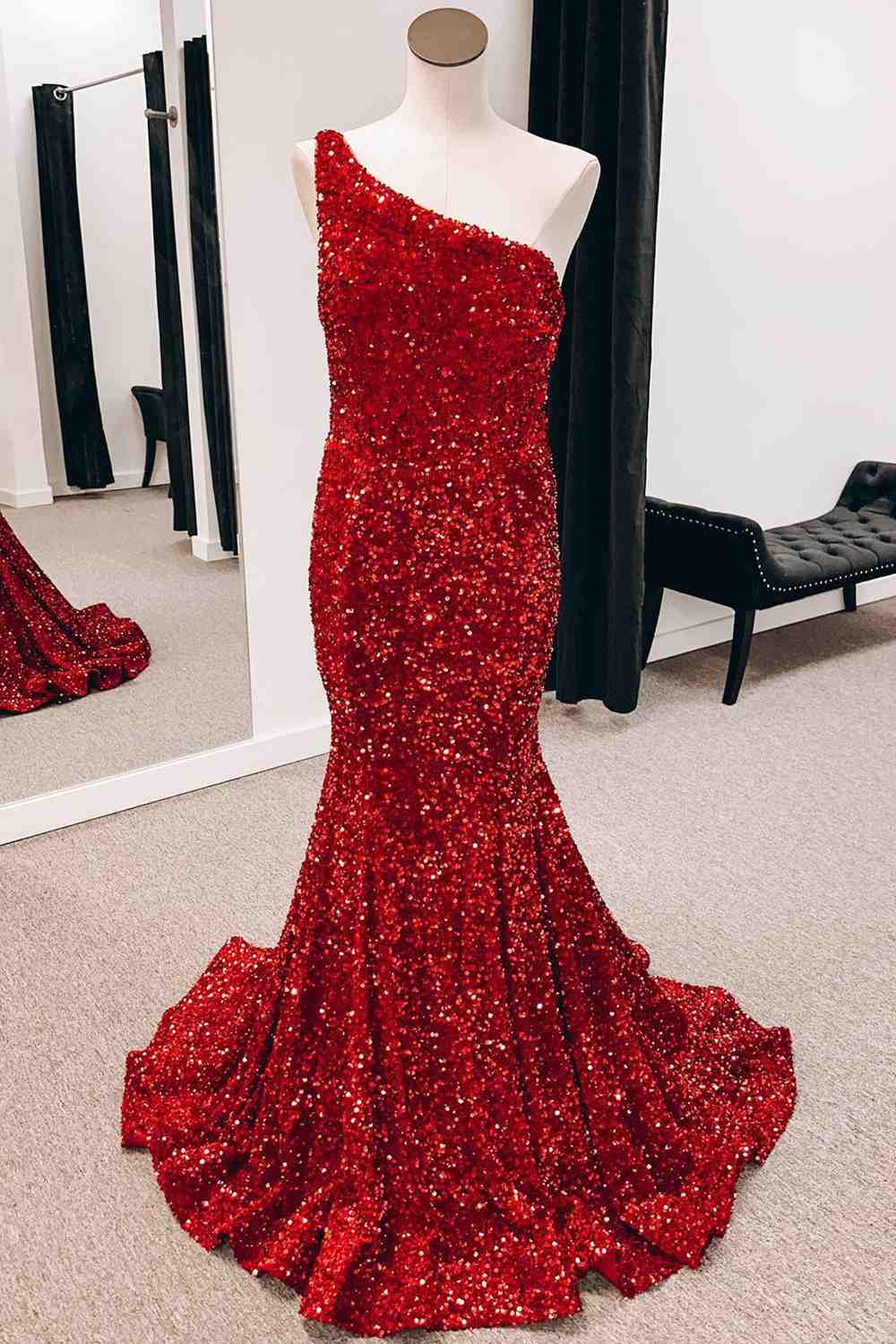 Burgundy One Shoulder Mermiad Sequins Backless Long Prom Dress FancyVestido Burgundy One Shoulder Mermiad Sequins Backless Long Prom Dress FancyVestido