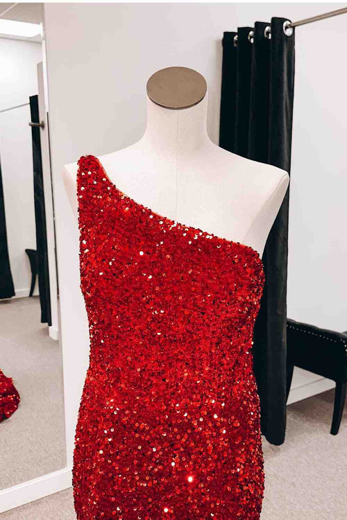 Burgundy One Shoulder Mermiad Sequins Backless Long Prom Dress