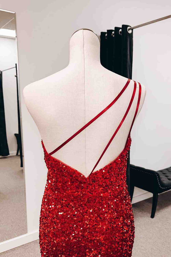 Burgundy One Shoulder Mermiad Sequins Backless Long Prom Dress