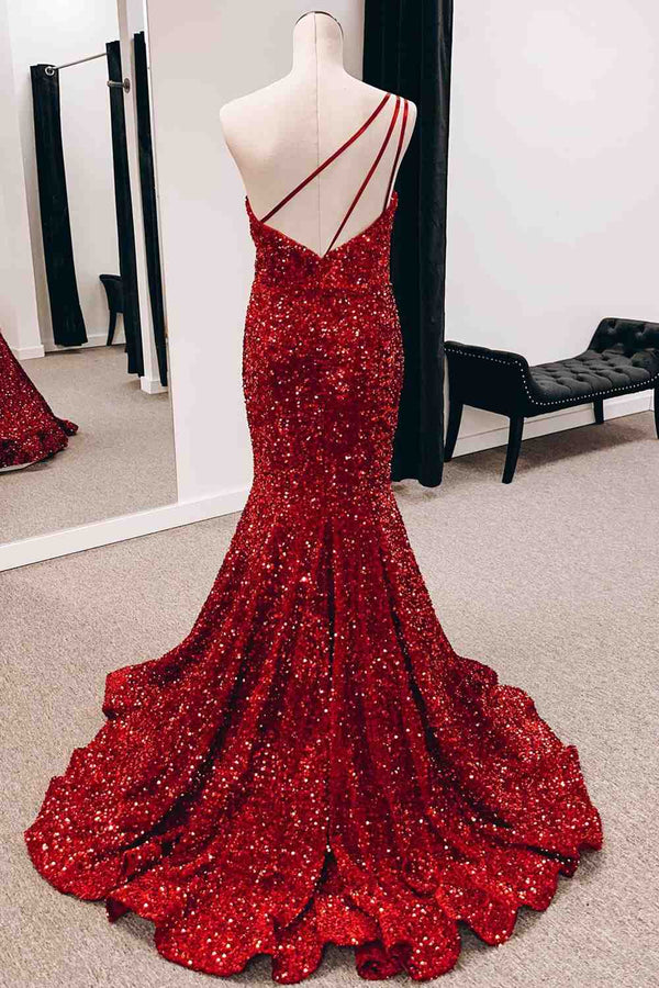 Burgundy One Shoulder Mermiad Sequins Backless Long Prom Dress