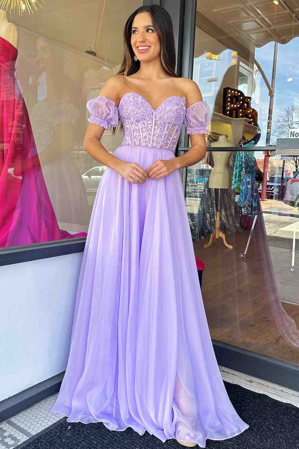 Off-Shoulder A-line Chiffon Applique Lace-Up Long Prom Dress