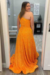 Orange One Shoulder A-line Sequins Long Prom Dress