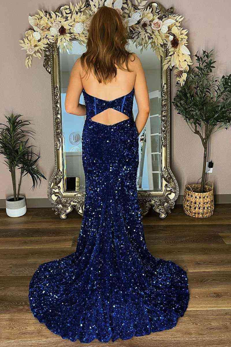 Blue Strapless Mermiad Sequins Slit Long Prom Dress