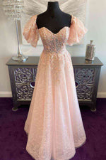 Candy Pink Off-Shoulder A-line Tulle Long Prom Dress with Appliques