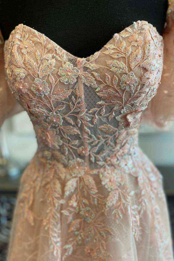 Candy Pink Off-Shoulder A-line Tulle Long Prom Dress with Appliques
