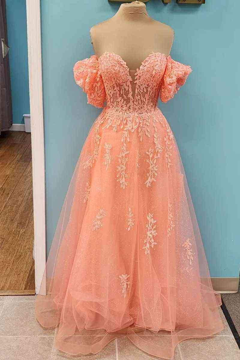 Coral Off-Shoulder V Neck A-line Tulle Applique Lace-Up Back Long Prom Dress