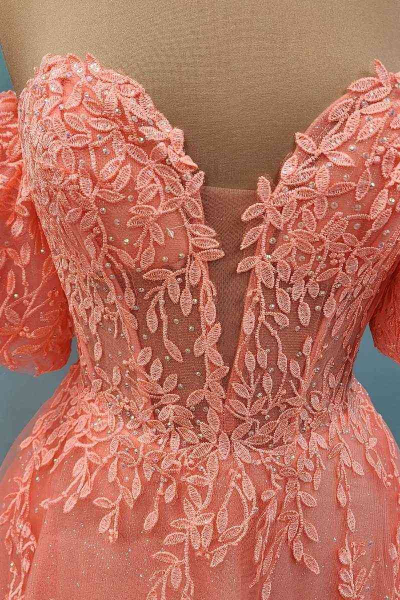 Coral Off-Shoulder V Neck A-line Tulle Applique Lace-Up Back Long Prom Dress