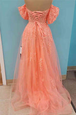 Coral Off-Shoulder V Neck A-line Tulle Applique Lace-Up Back Long Prom Dress