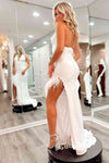 White Halter Mermaid Pleated Long Prom Dress with Feather Slit