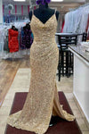 Champagne Cowl Neck Mermaid Sequins Pleated Long Prom Dress