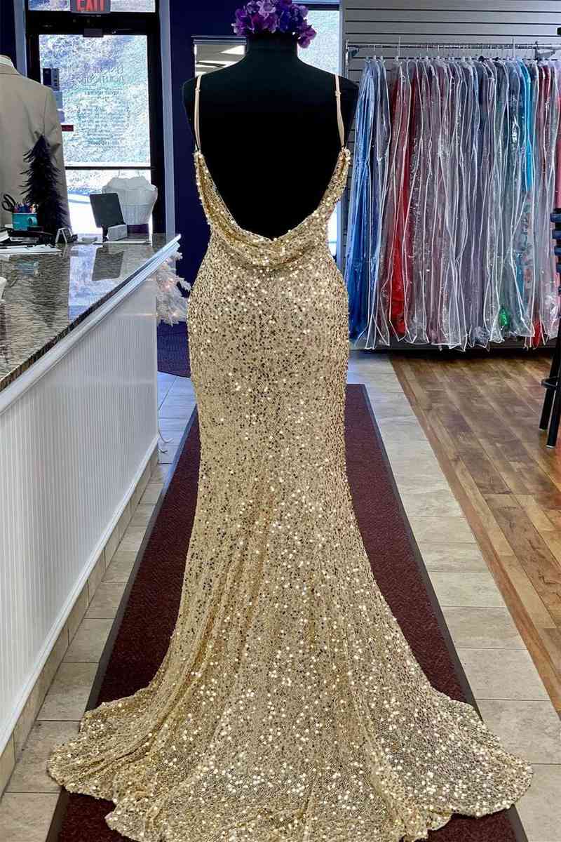 Champagne Cowl Neck Mermaid Sequins Pleated Long Prom Dress
