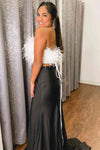 Strapless White Feathers Lace-Up Back Separated Long Prom Dress