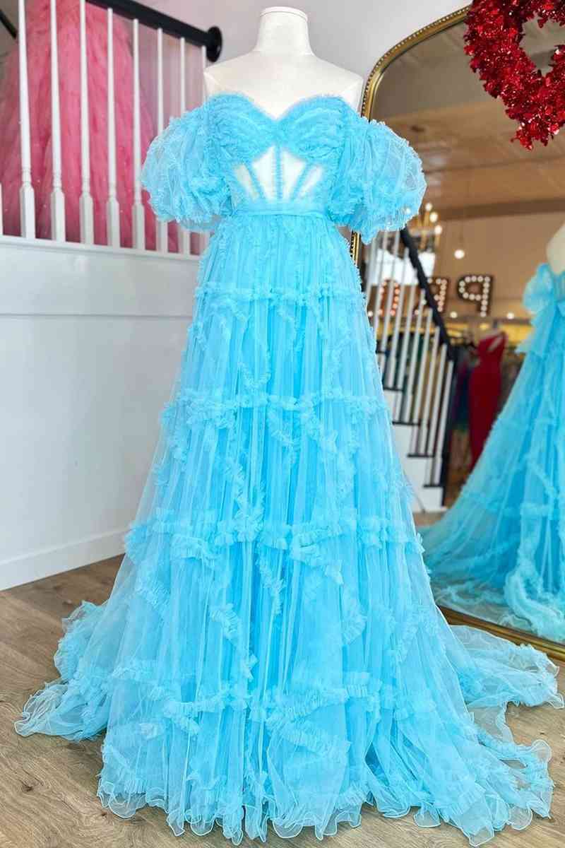 Princess Off-Shoulder Light Blue Ruffle Long Prom Dress with Balloon Sleeves