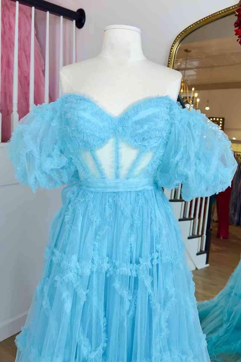 Princess Off-Shoulder Light Blue Ruffle Long Prom Dress with Balloon S FancyVestido Princess Off-Shoulder Light Blue Ruffle Long Prom Dress with Balloon S FancyVestido