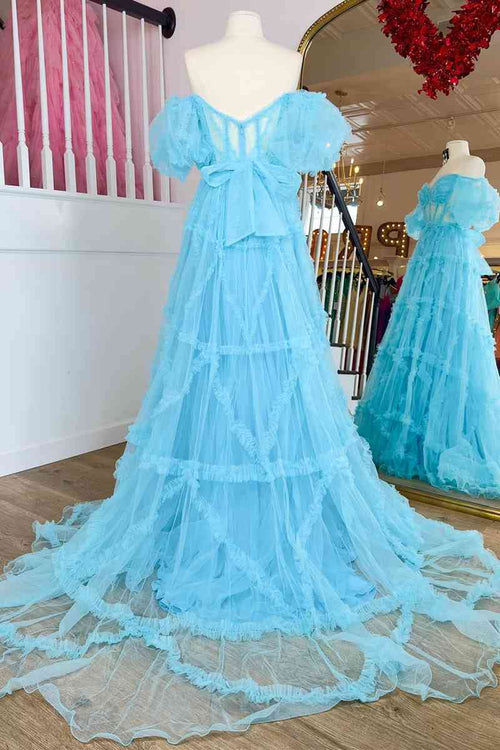 Princess Off-Shoulder Light Blue Ruffle Long Prom Dress with Balloon Sleeves
