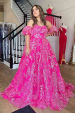 Fuchsia A-line Off-Shoulder Tulle Long Party Dress with Removable Sleeves