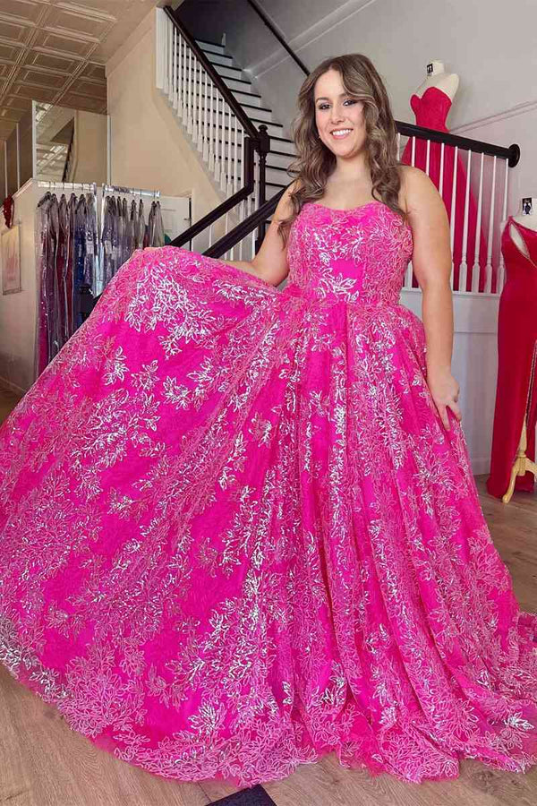 Fuchsia A-line Off-Shoulder Tulle Long Party Dress with Removable Sleeves