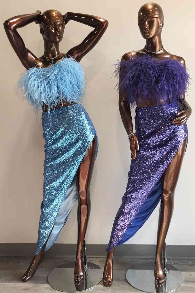 Two Piece Strapless Sequins Slit Long Party Dress with Feather Top