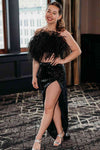 Two Piece Strapless Sequins Slit Long Party Dress with Feather Top