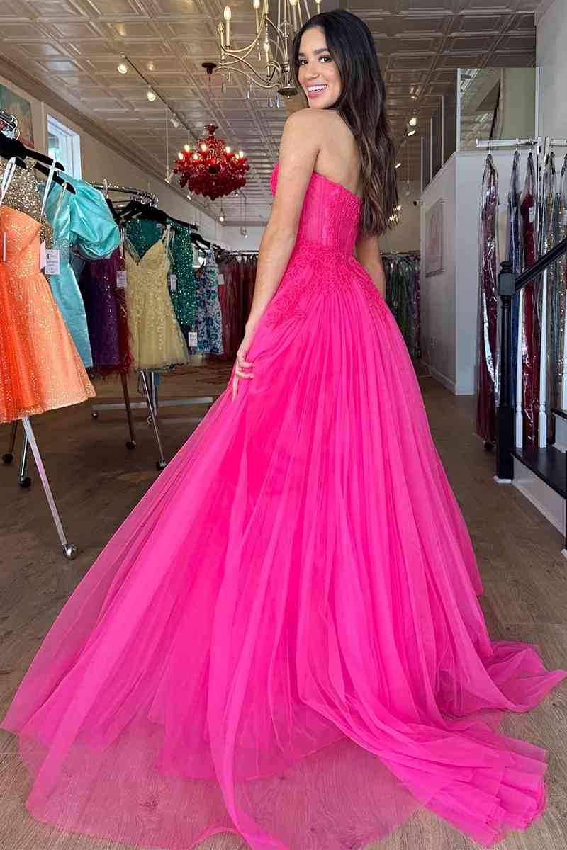 Hot Pink Sweetheart A-Line Long Party Dress with Appliques