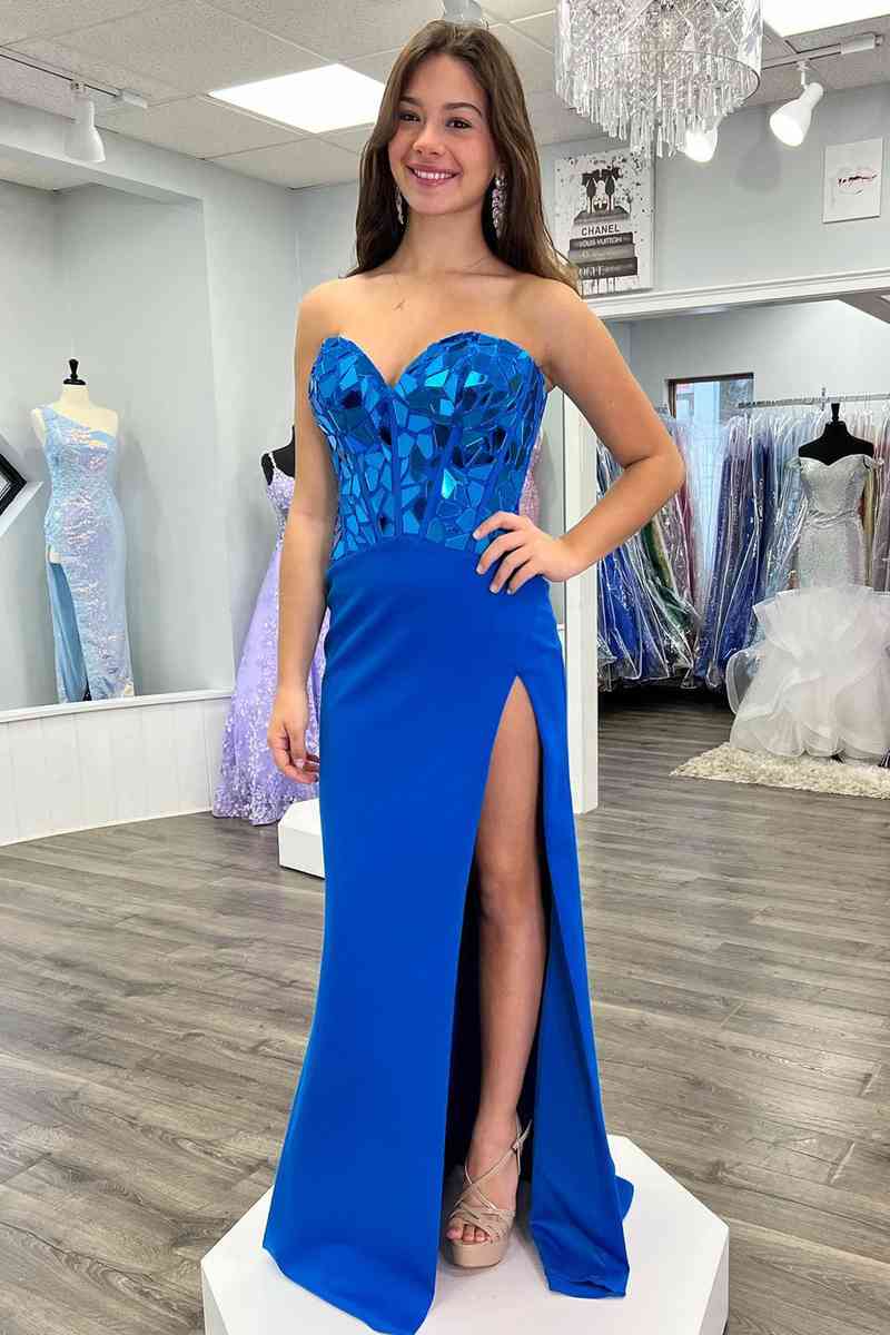 Sweetheart Blue Cut Mirror Sequins Long Prom Dress with Slit