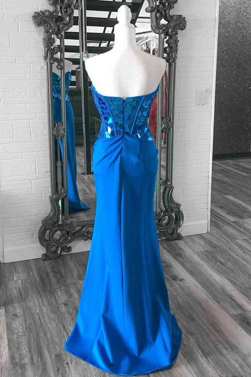 Sweetheart Blue Cut Mirror Sequins Long Prom Dress with Slit