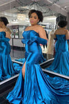Mermaid Strapless Satin Pleated Slit Long Prom Dress with Golves