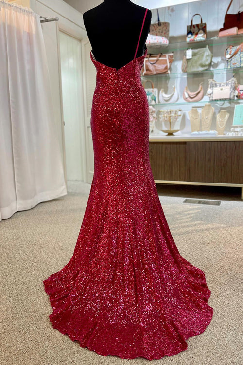 Burgundy Mermaid One Shoulder Sequins Long Prom Dress with Slit