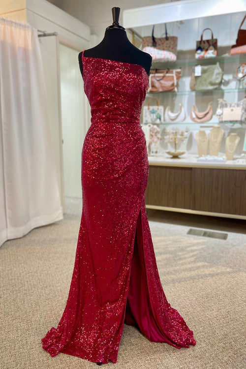 Burgundy Mermaid One Shoulder Sequins Long Prom Dress with Slit