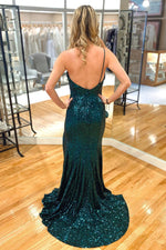 Hunter Green Mermaid One Shoulder Sequins Long Prom Dress with Slit