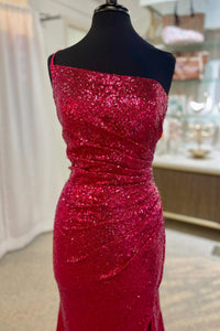 Burgundy Mermaid One Shoulder Sequins Long Prom Dress with Slit