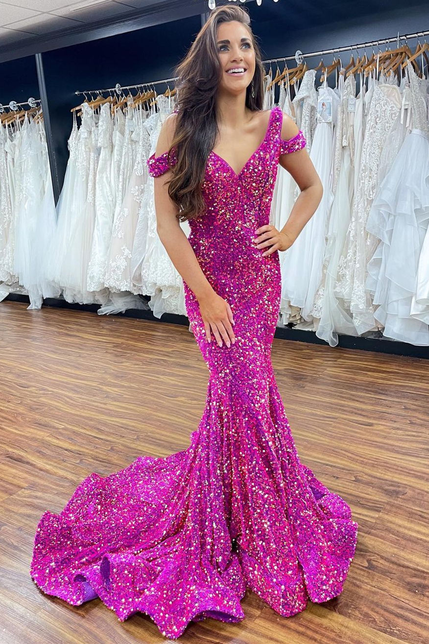 Mermaid Off-the-Shoulder Fuchsia Sequins Long Prom Dress FancyVestido Mermaid Off-the-Shoulder Fuchsia Sequins Long Prom Dress FancyVestido