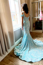 Light Blue Mermaid Off-the-Shoulder V Neck Sequins Long Prom Dress