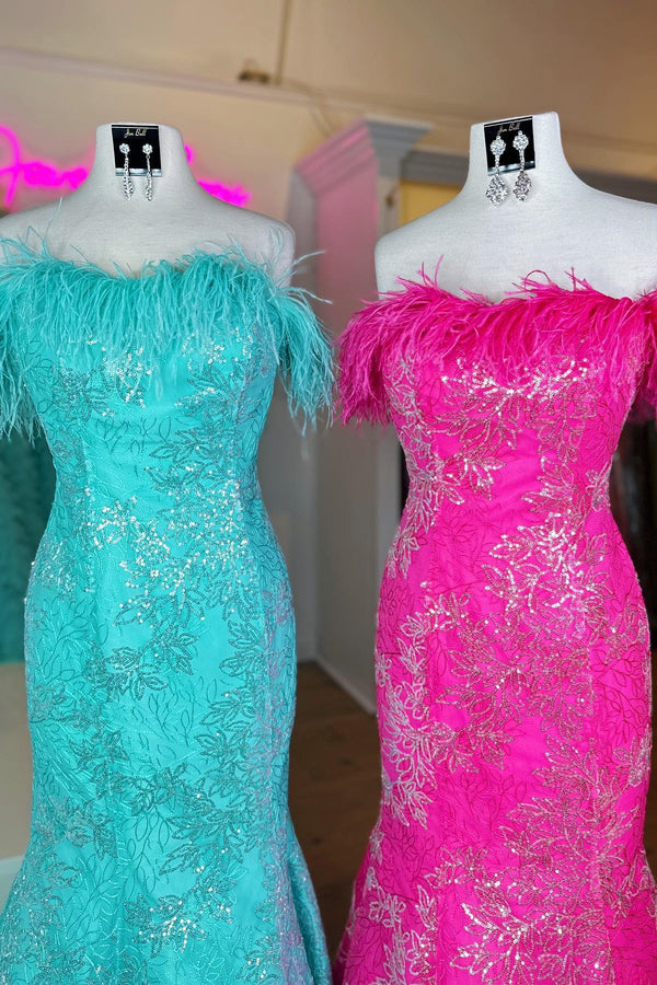 Strapless Sequins-Embroidered Mermaid Prom Dress with Feathers