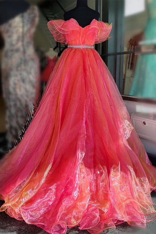 Coral Off-the-Shoulder Organza Ruffle Hi-Low Prom Dress