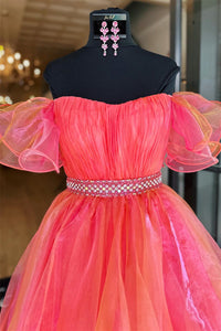 Hot Pink A-line Off-the-Shoulder Organza Ruffle Hi-Low Prom Dress